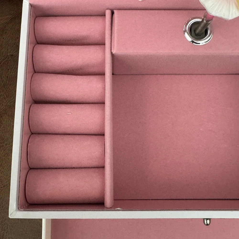 Ballerina Musical Jewelry Box White Pink Floral Vintage Style with Drawer Mirror